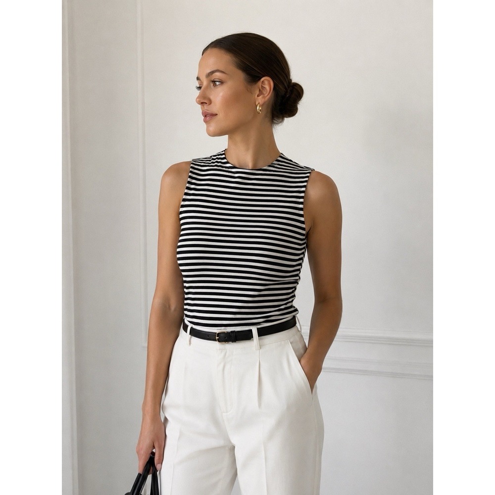 Zara Striped Sleeveless Tank Top Black White Minimalist Parisian Chic‎ Size M